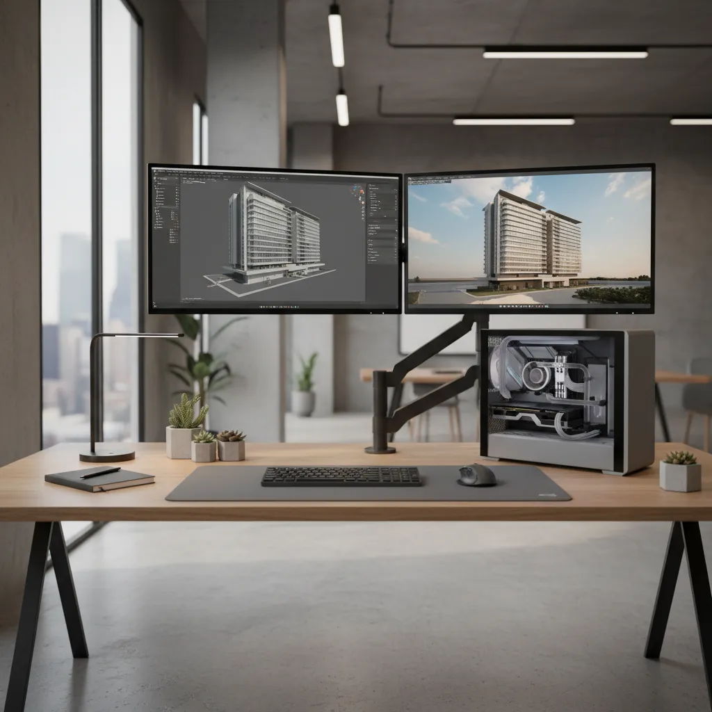 Professional 3D rendering workstation with GPU powered desktop and dual monitors