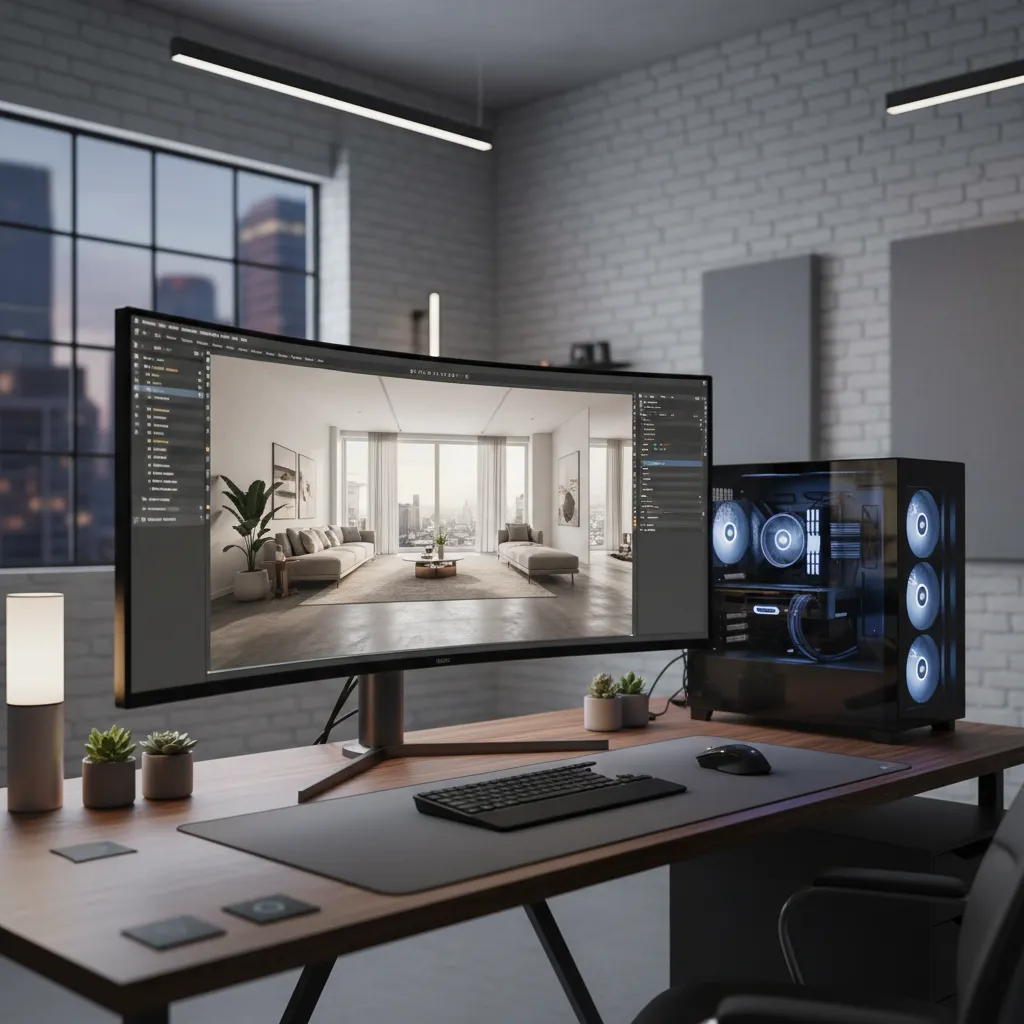 Professional GPU rendering workstation with multiple monitors showing 3D rendering software