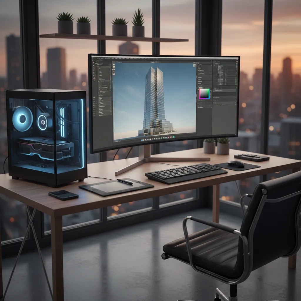 3D artist workstation rendering complex scene with powerful GPU hardware
