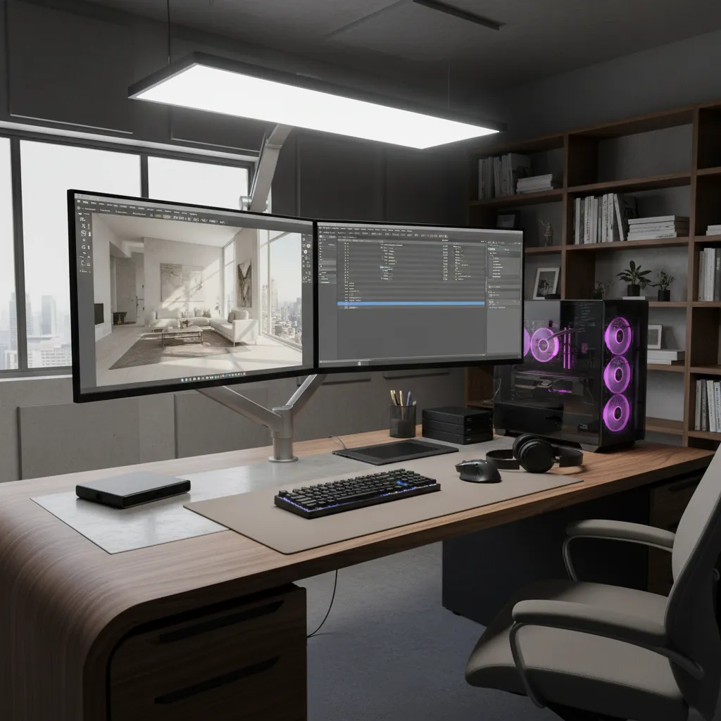 3D artist workstation with GPU rendering scene displayed on monitors