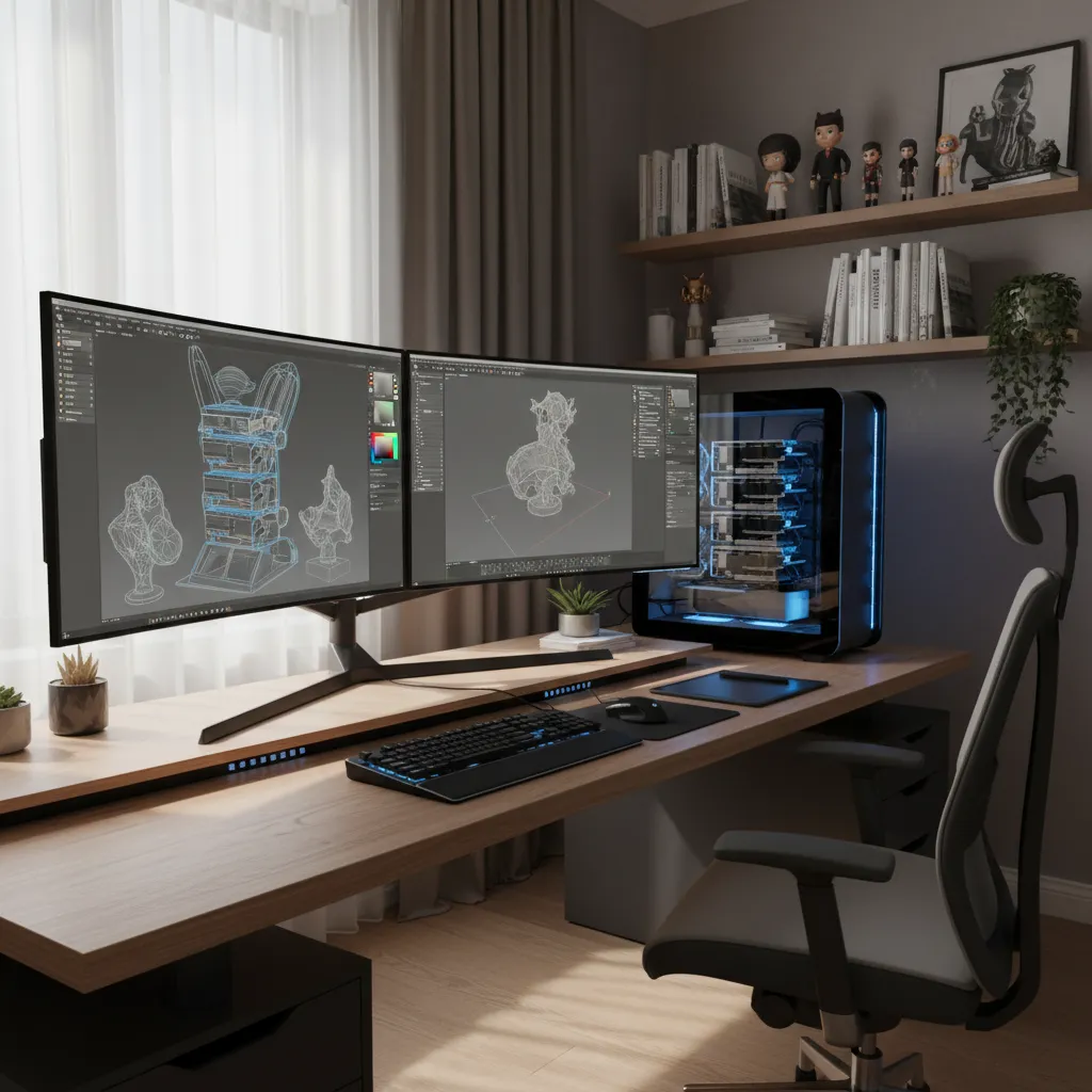 desktop workstation used for 3D rendering with GPU and dual monitors