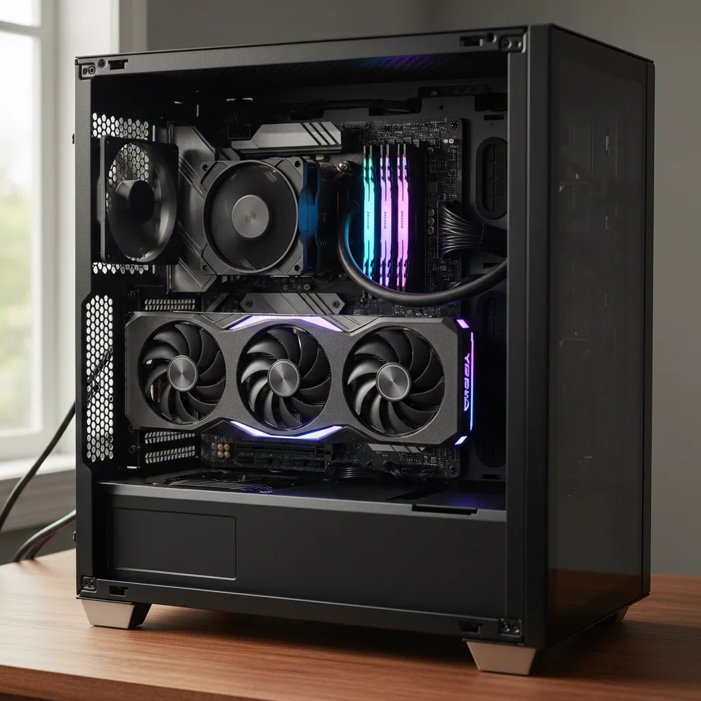 High end GPU installed inside a PC tower used for 3D rendering workstation
