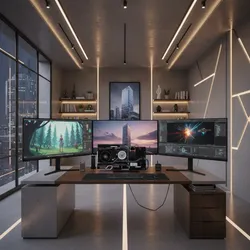 High tech studio three monitors showing graphics and custom computer on a modern stone desk