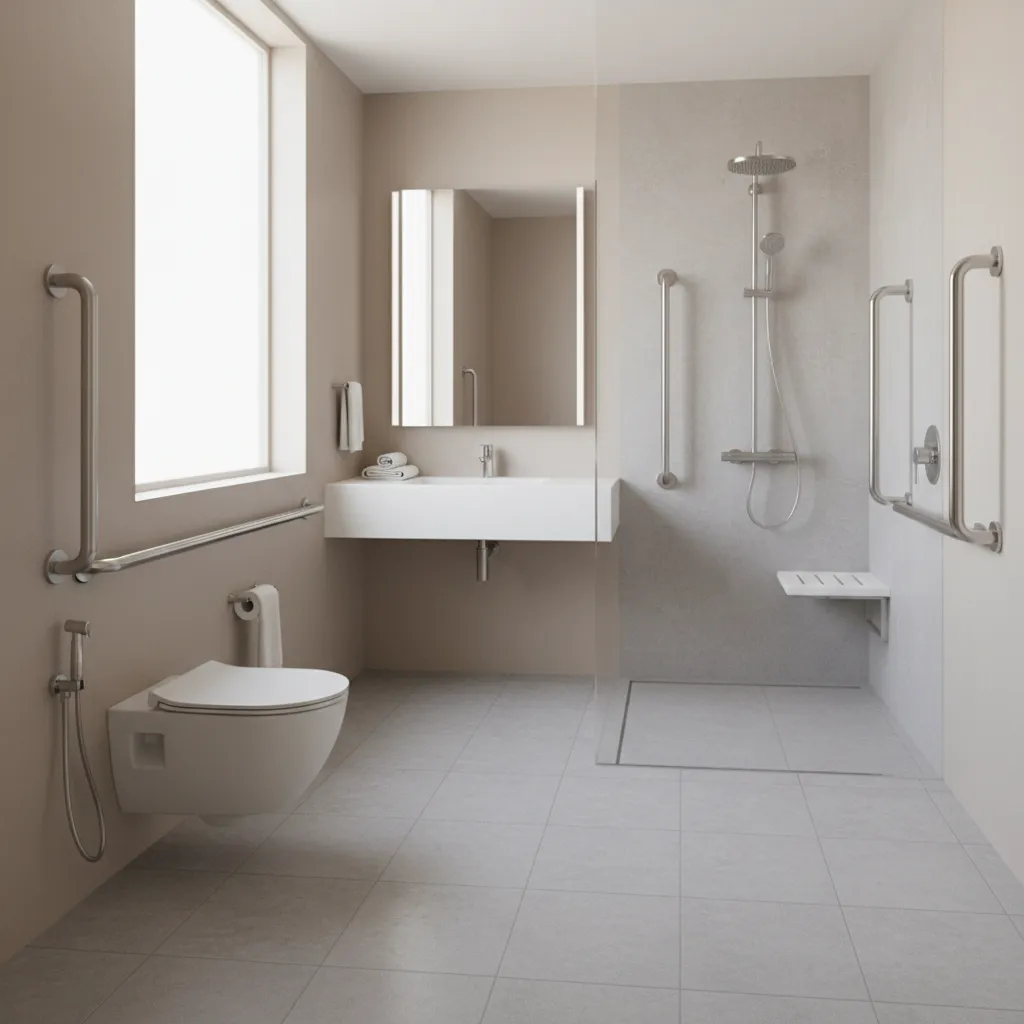 Close view of bathroom grab bars and safety fixtures in accessible renovation