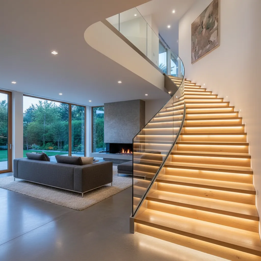 Gradas con iluminación LED integrada en una casa moderna