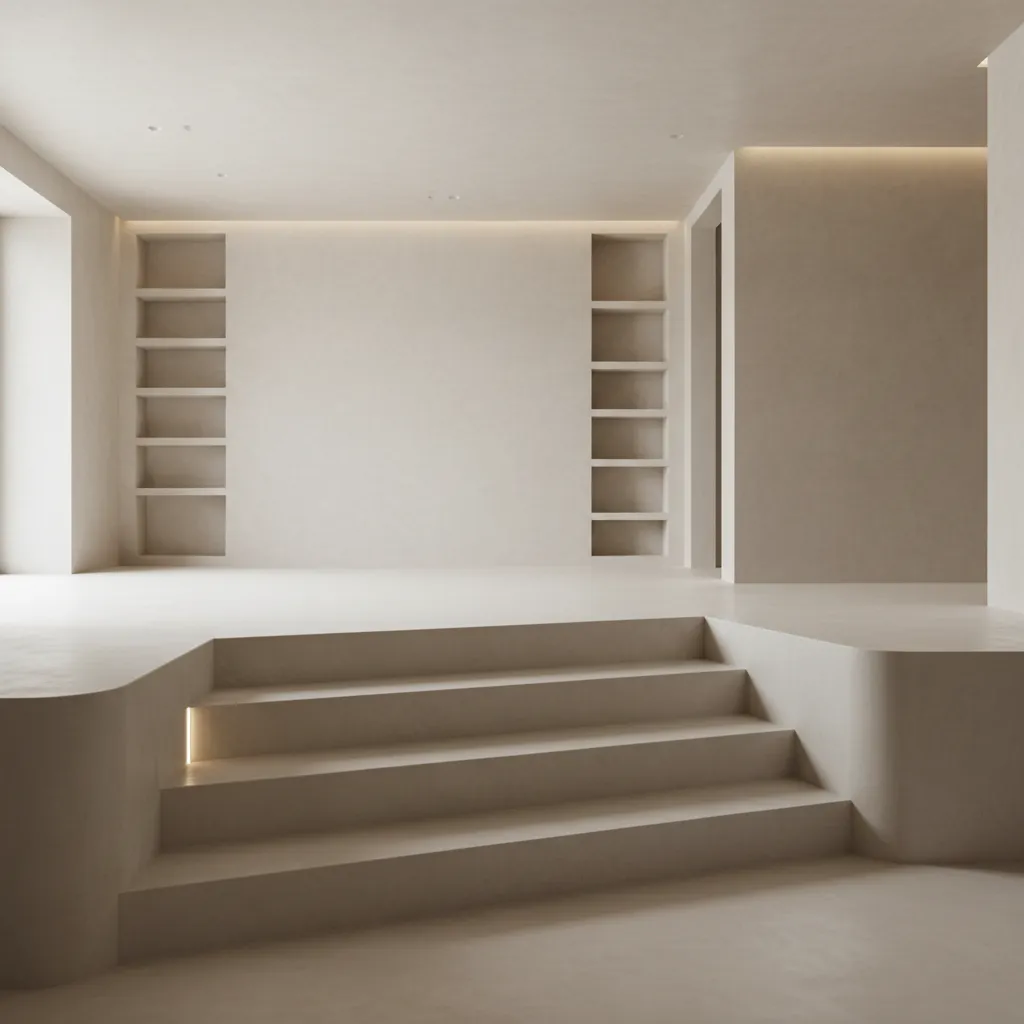 Gradas minimalistas de microcemento en interior moderno