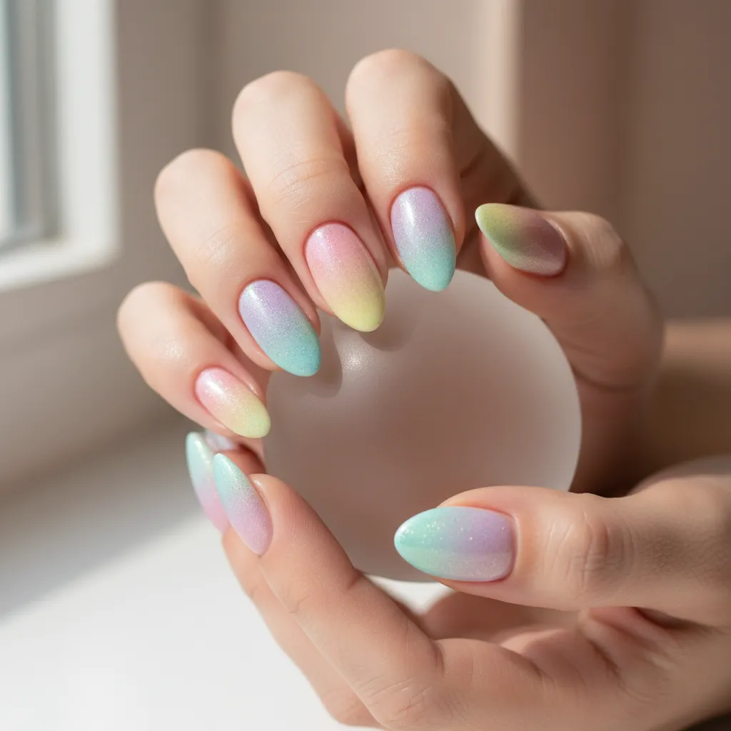 Close up of hands with colorful pastel gradient nails holding a clear glass round ball object