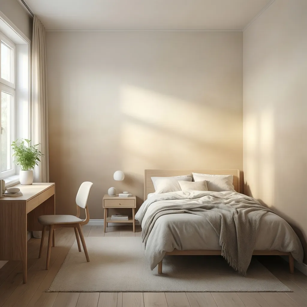 Small bedroom wall with gradient wallpaper creating depth illusion