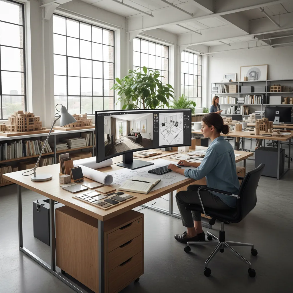 Interior designer works on interior design drawing and room layout at a bright office desk