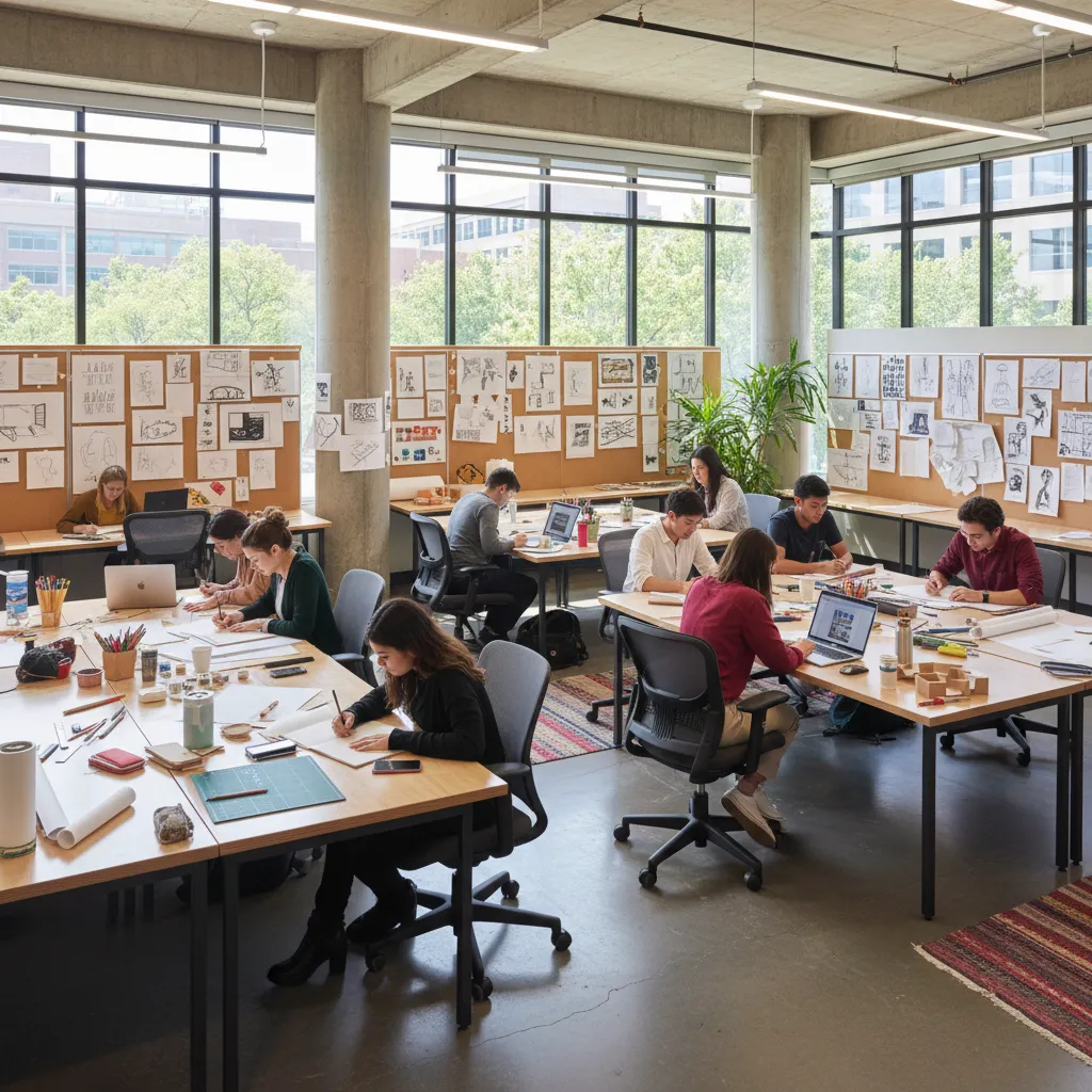 Aula universitaria de diseño con estudiantes trabajando en proyectos creativos