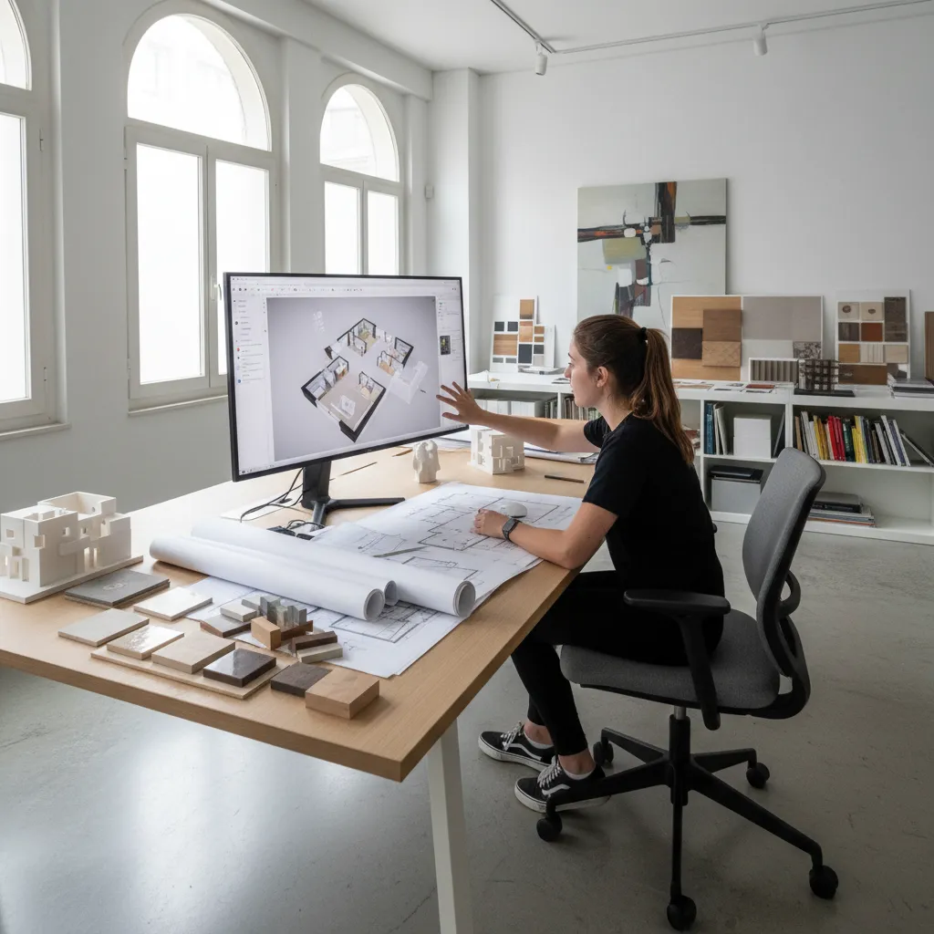 Woman designer working on 3D room layout using computer software and paper floor plan drawings