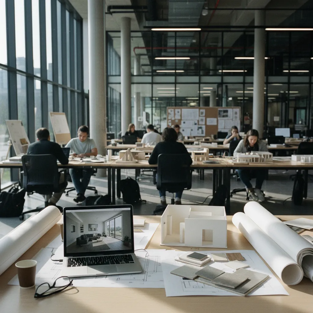 Interior design studio with people working at desks, room models, laptop, and large window view