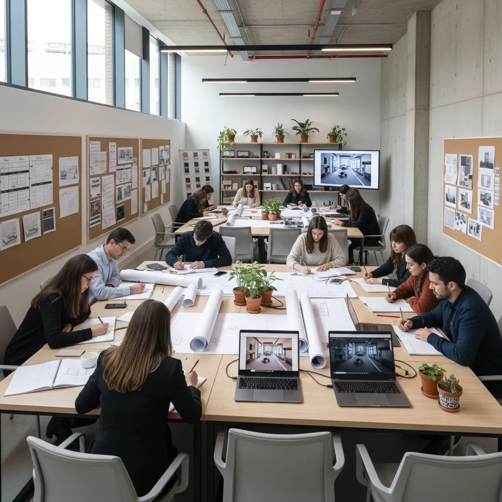 Group of students working on floor plan drawings and laptops in a modern interior studio