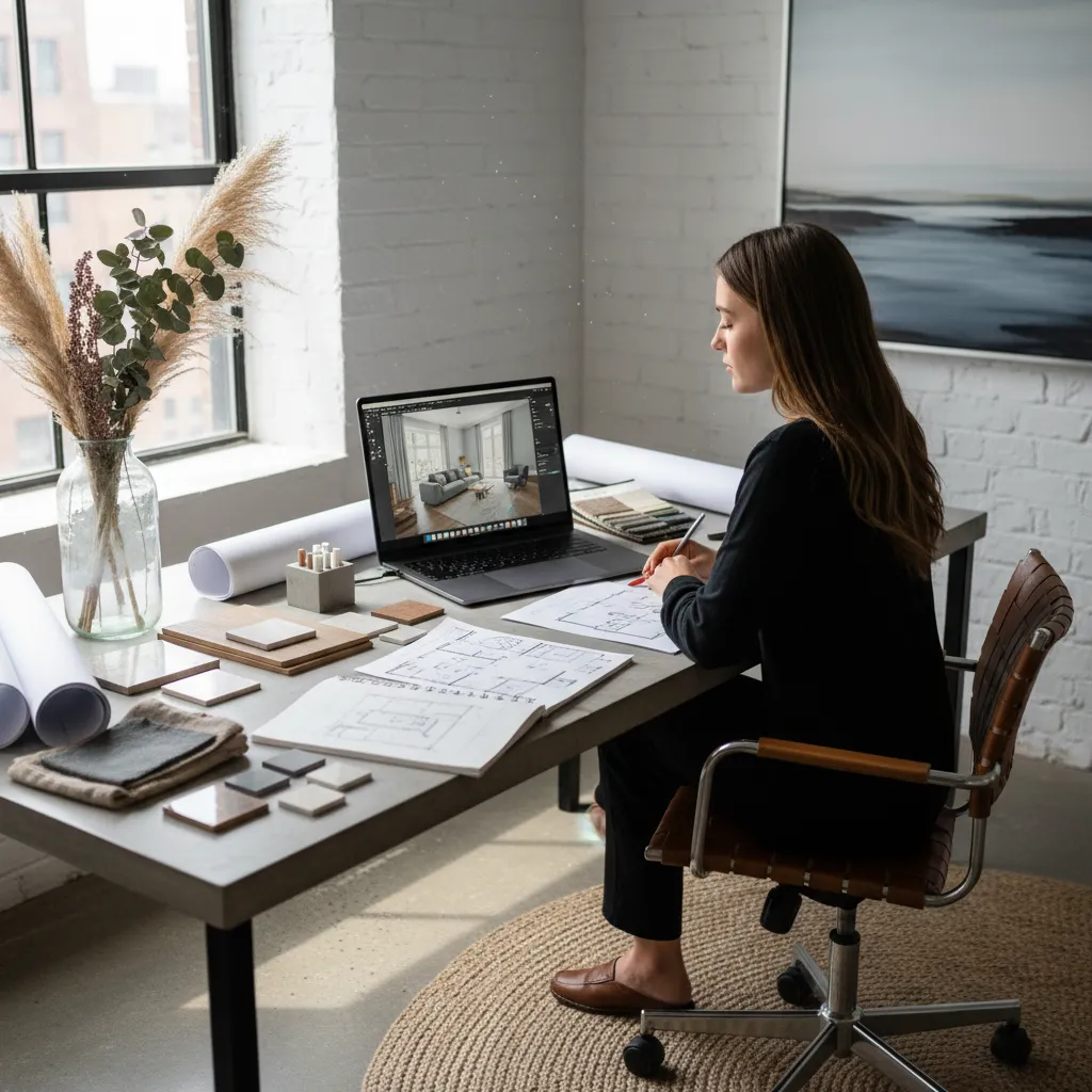 Woman sitting at desk drawing floor plan with laptop samples and paper rolls in room