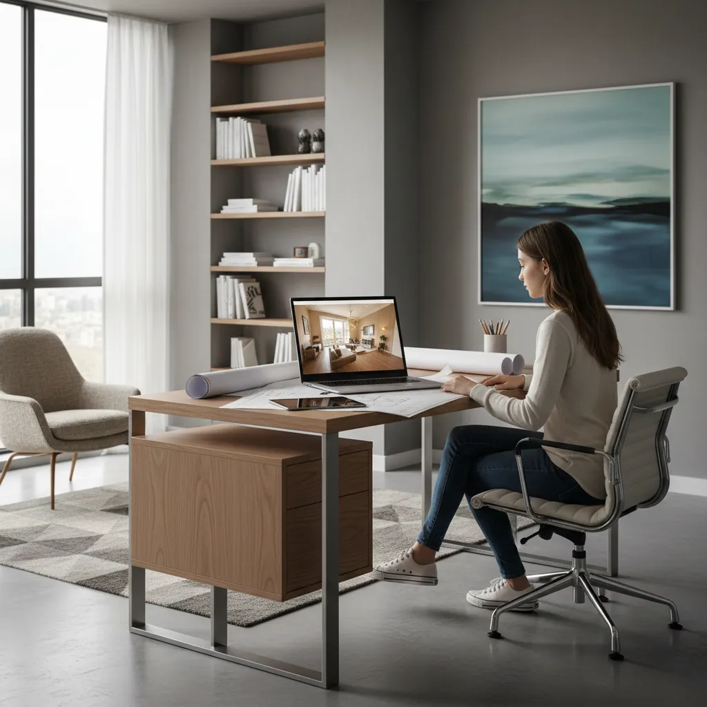 Woman using laptop for interior design drawing sitting at a wooden desk with a bookshelf