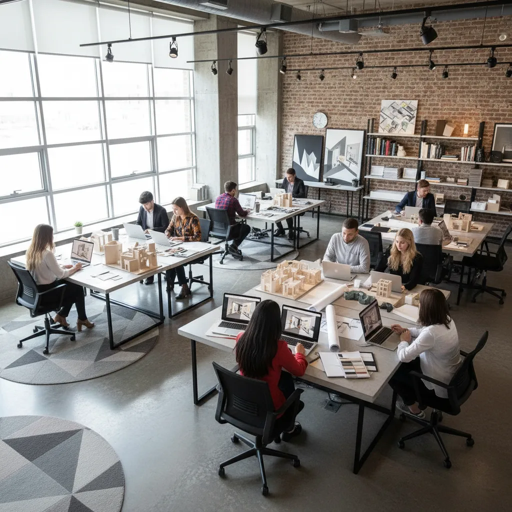 Modern open office space where designers work on laptops and physical house models at tables