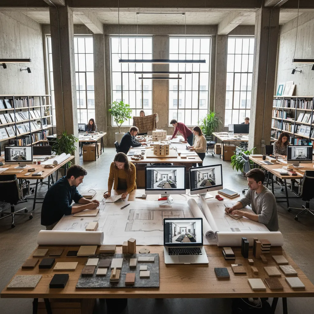 Designers working in a bright studio with interior design drawing, computers, and natural light windows