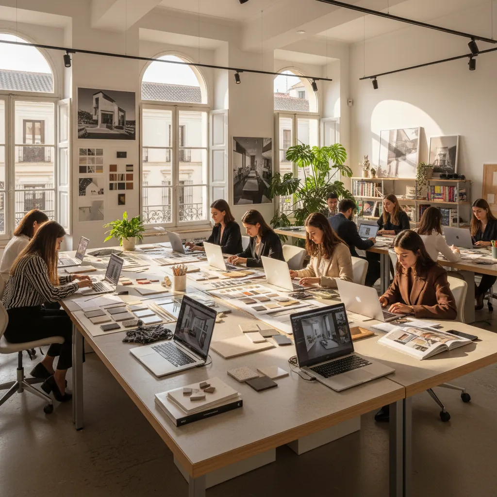 Interior design students working on laptops at large tables with material samples in bright studio
