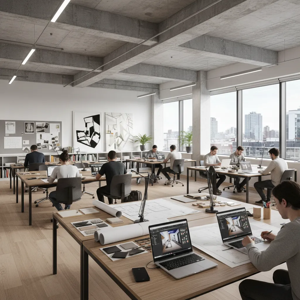 Modern open office where professional designers work on laptops displaying interior design drawings and plans