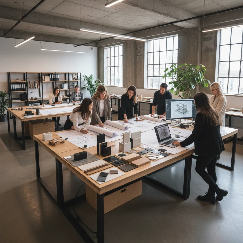Interior design team working on interior design drawings and material samples in a modern office