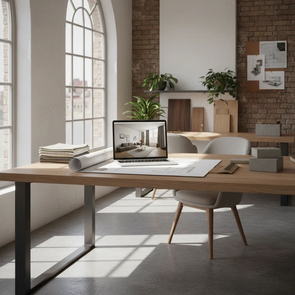 Interior design workspace with a laptop showing a living room drawing, floor plans, and materials