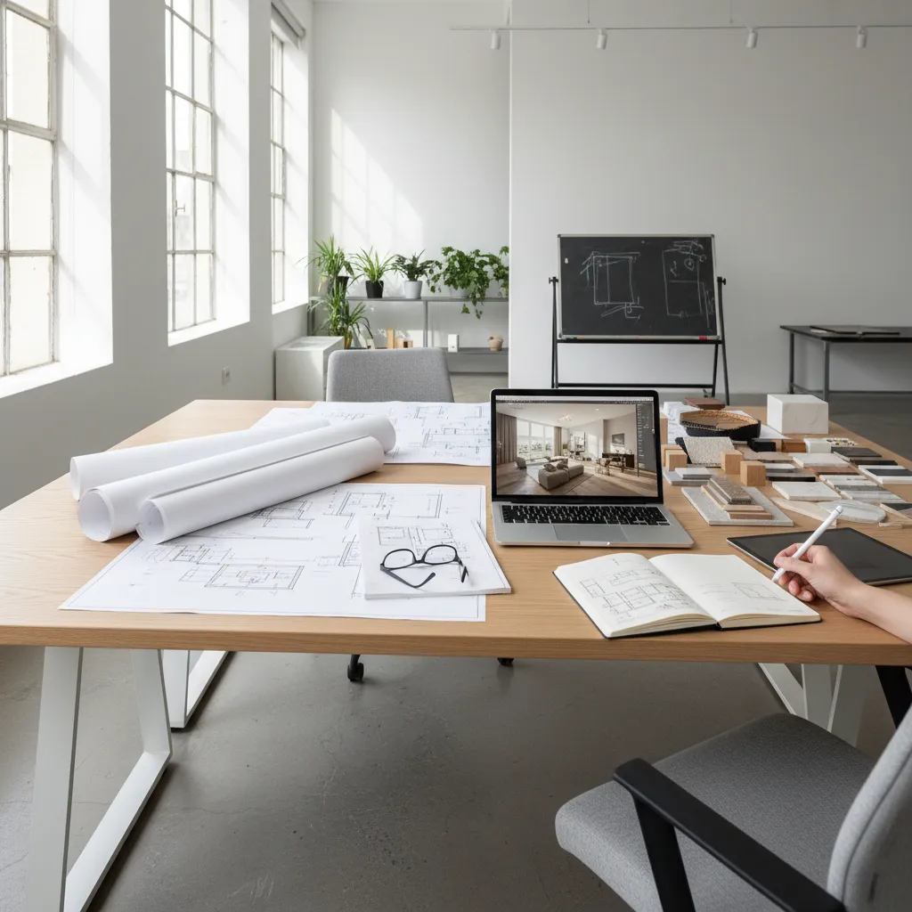 Wooden desk with interior design drawing laptop floor plan notebook glasses and various material samples
