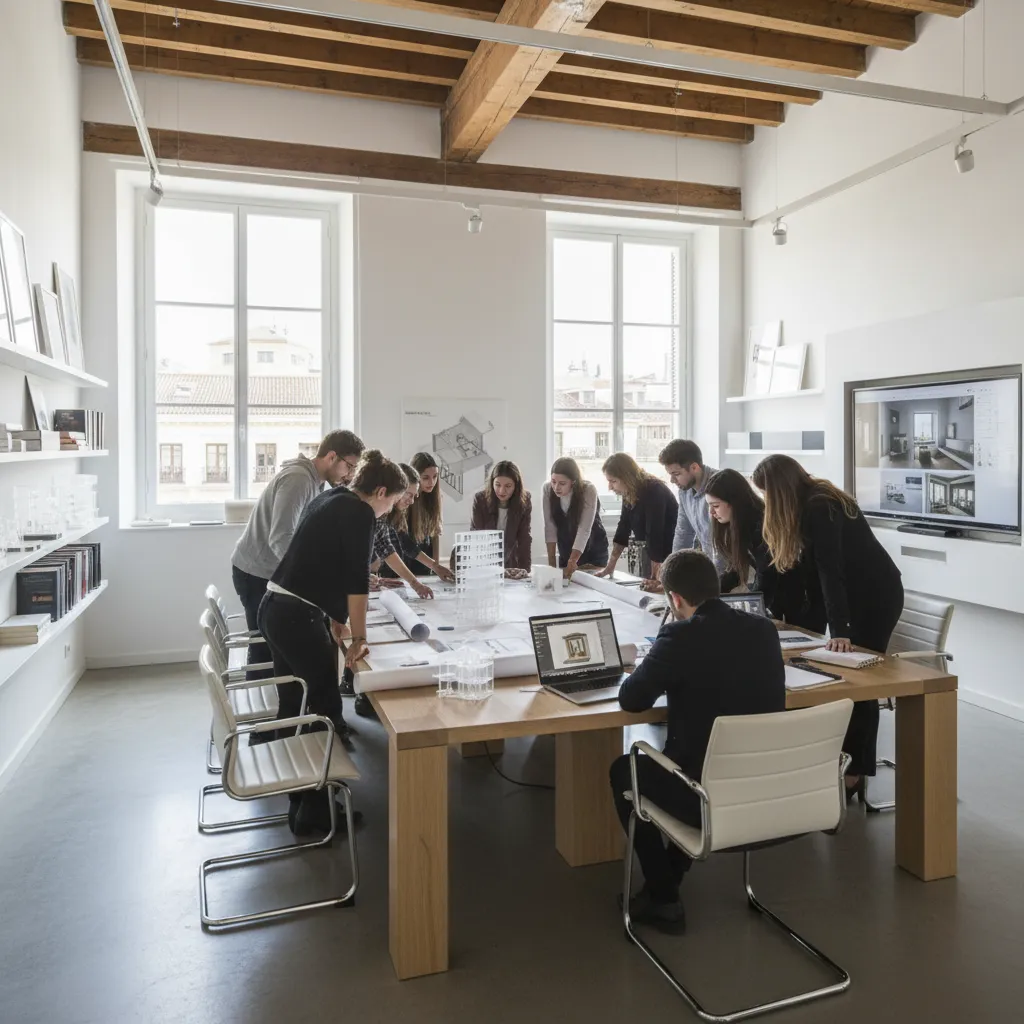 Interior design students studying floor plans on large wooden table in a bright white studio