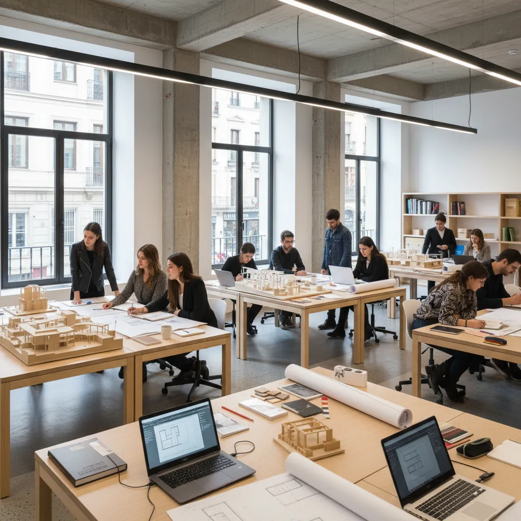 Students working on interior design drawings and models in a large studio with bright windows