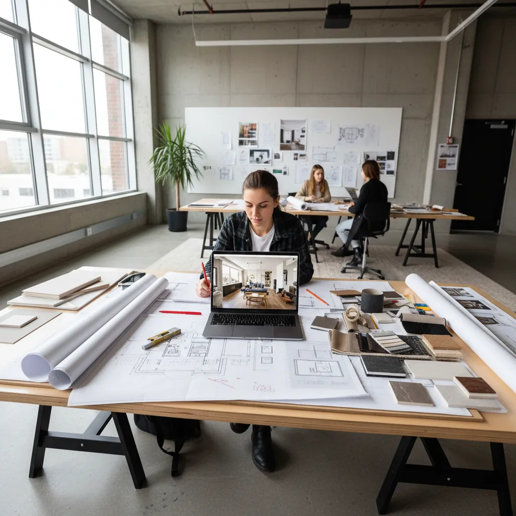 Interior designer working with paper floor plans material samples and laptop showing interior design drawing