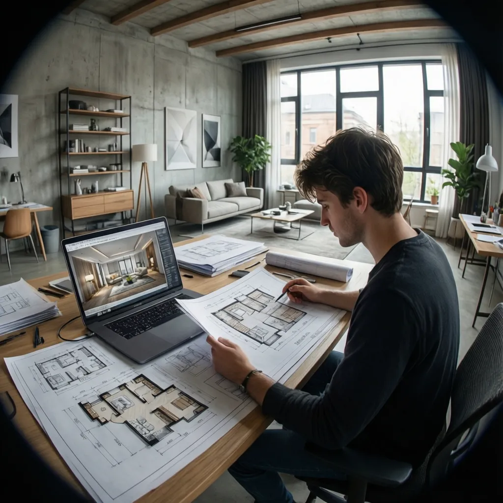 Man working at desk with laptop showing interior design drawing and paper floor plan layouts