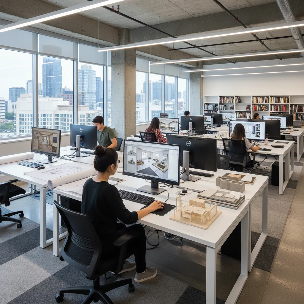 Designers using computers for room layouts in a modern office with large city view windows