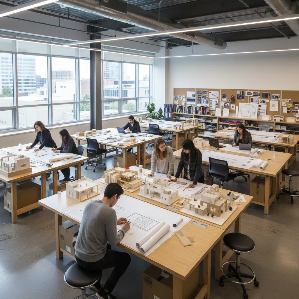Students working on house models and laptops at wooden tables in a modern design studio