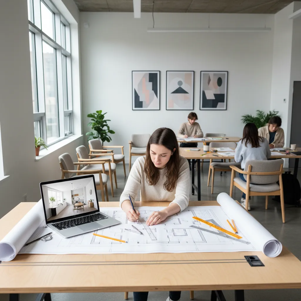 Young woman drawing on large paper floor plan with laptop showing interior design room layout
