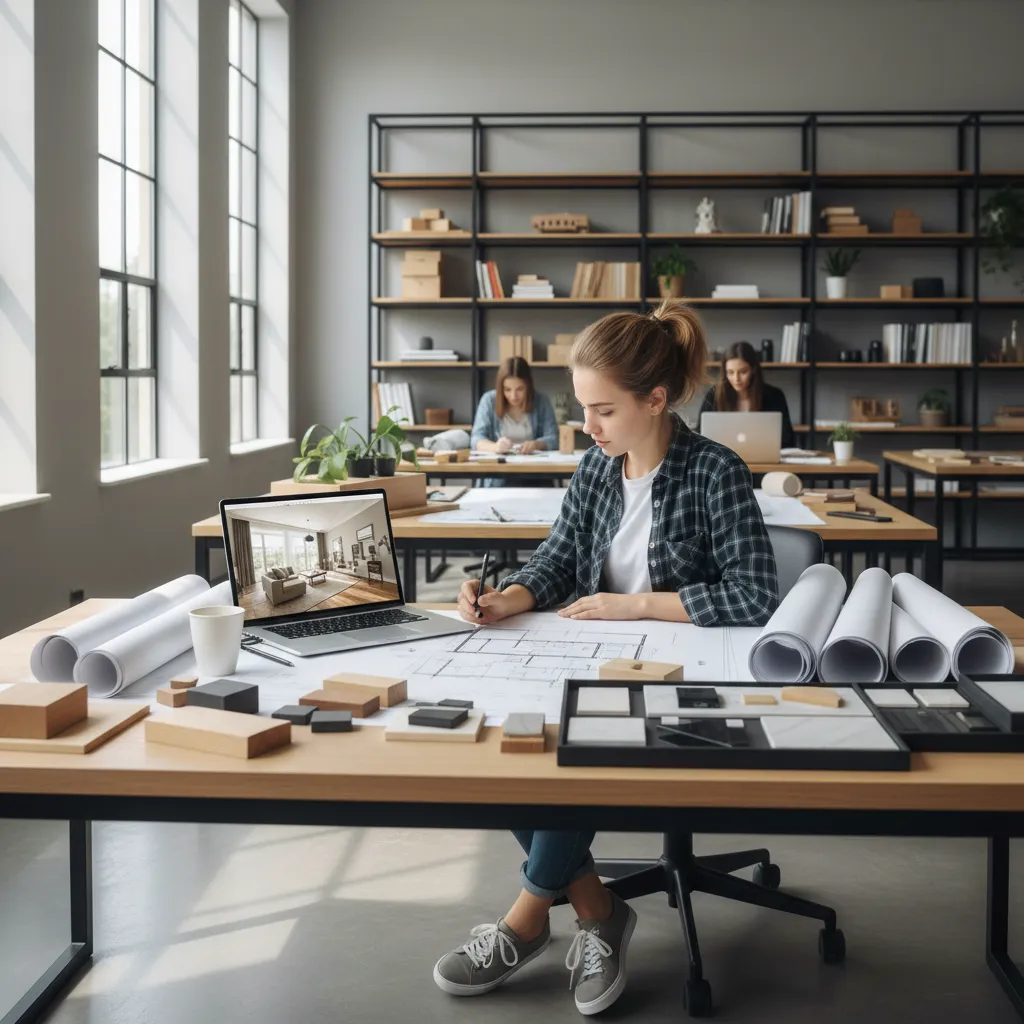 Woman sitting at desk drawing on floor plan with laptop and material samples in studio