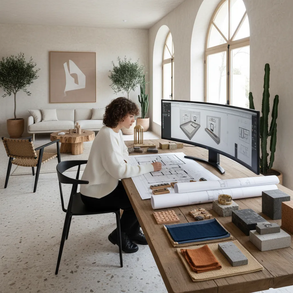 Designer working on floor plan and 3D room design using large monitor and material samples