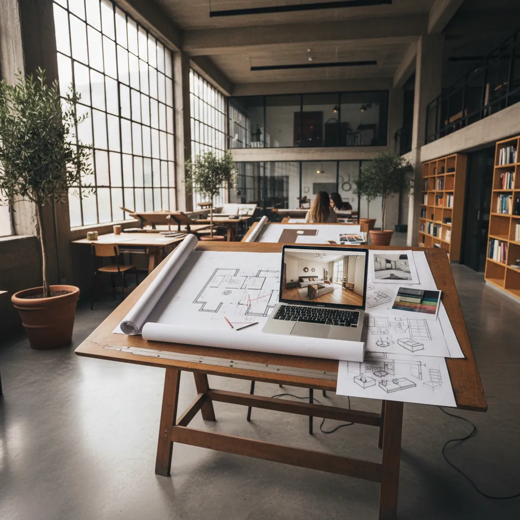 Laptop showing interior design drawing on desk with floor plans in bright open office studio