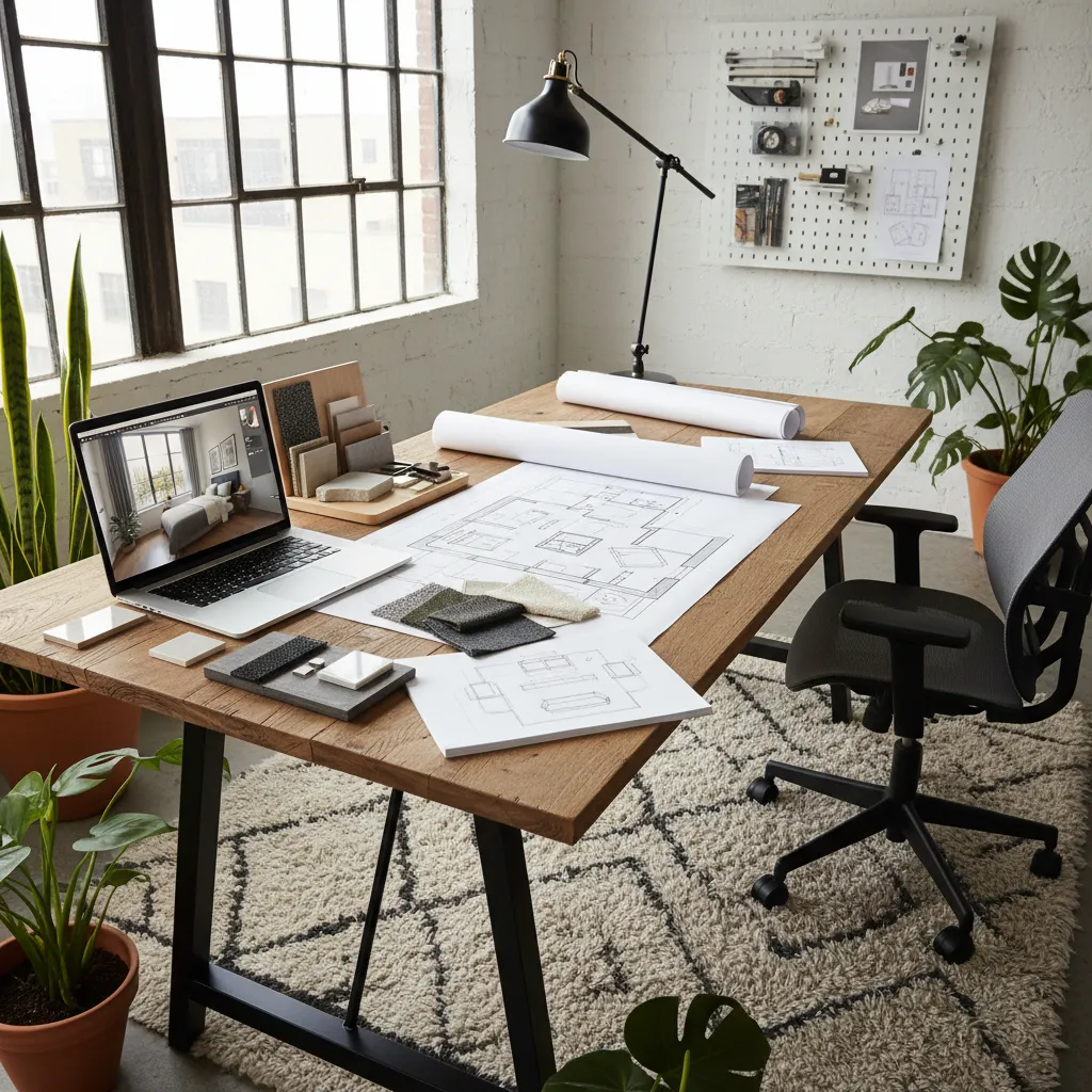 Wooden desk with floor plan blueprints, fabric samples, laptop, and office chair in bright room