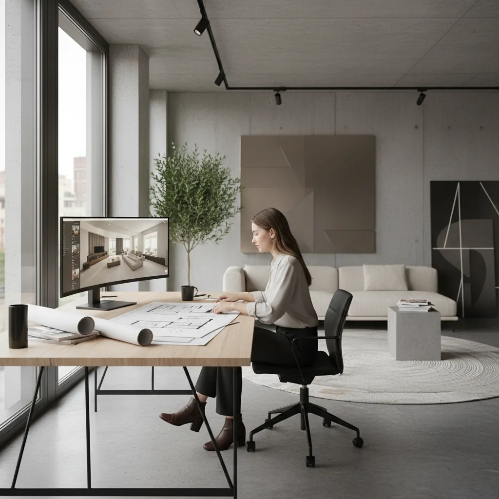 Woman sitting at wooden desk working on floor plan drawings with large interior design drawing