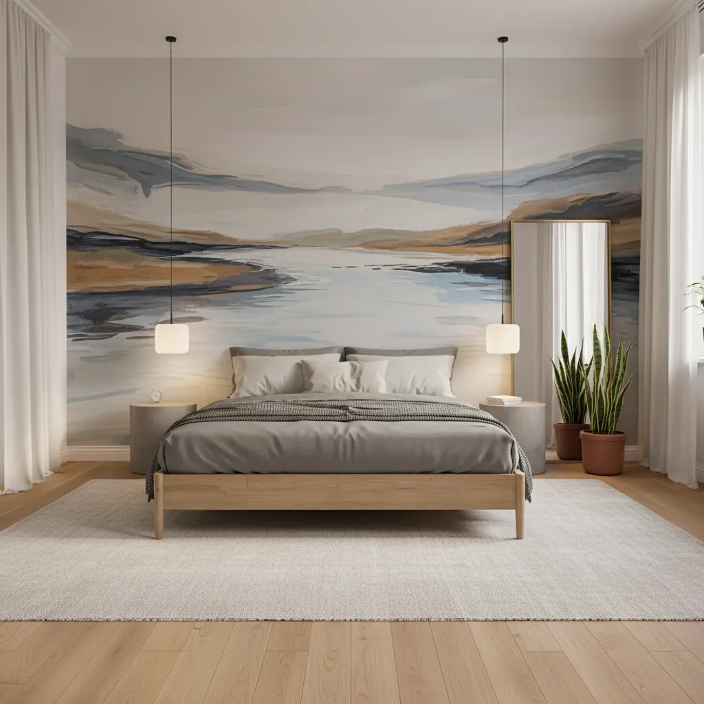 Habitación moderna con mural gráfico decorativo integrado en el diseño interior