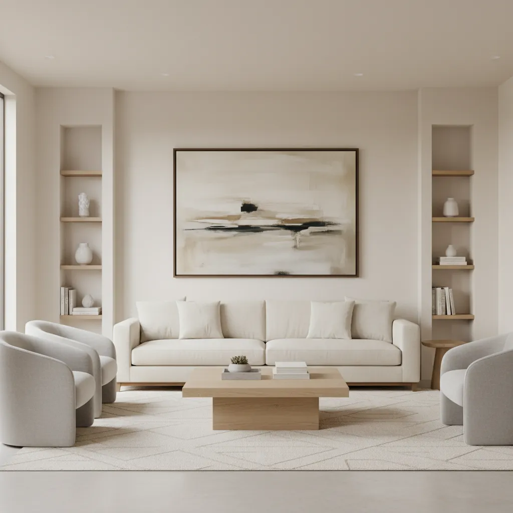 Modern living room with white sofa two armchairs wooden coffee table large painting and shelves