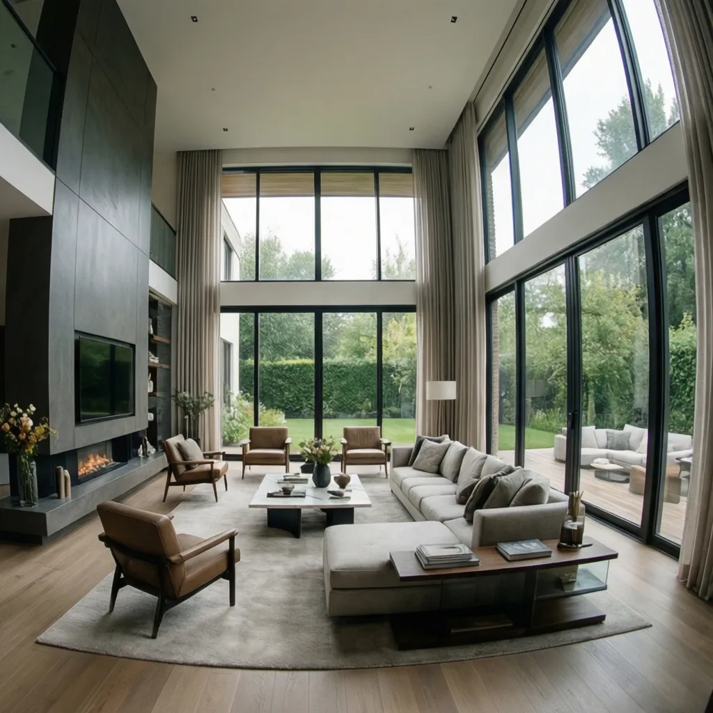 Modern living room with high windows showing green garden gray sofa brown chairs and fireplace