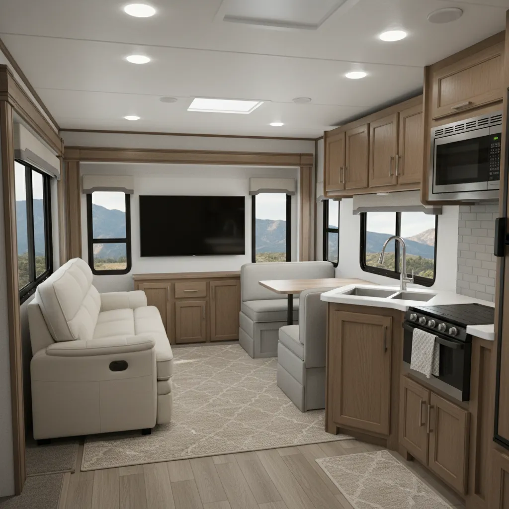 open living area inside a Grand Design Imagine travel trailer with sofa dinette and kitchen