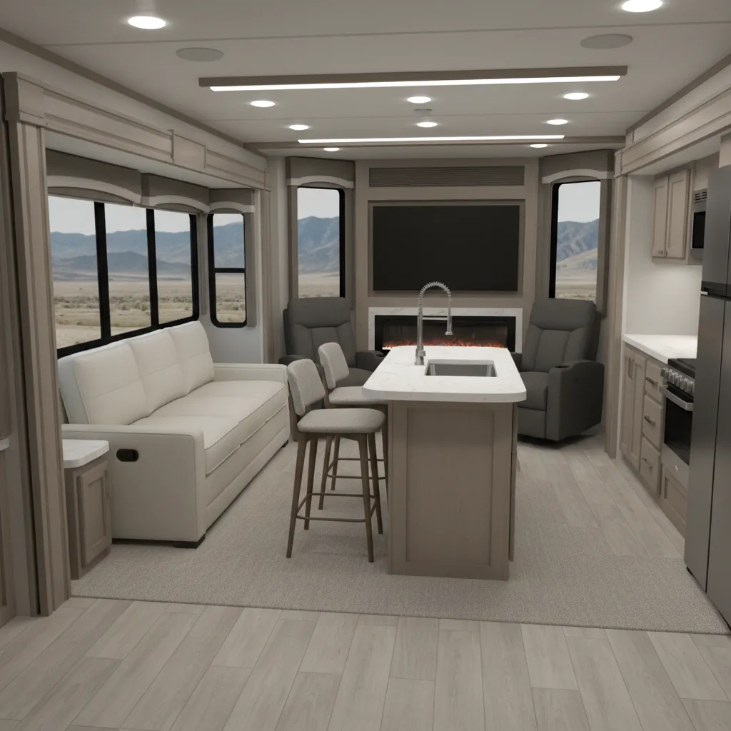 Grand Design Reflection rear living room layout with sofa and theater seating