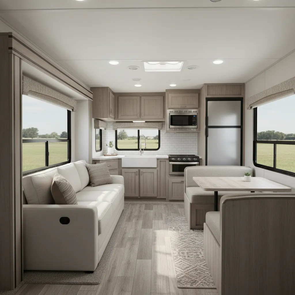Grand Design Transcend RV interior living area with sofa and dinette