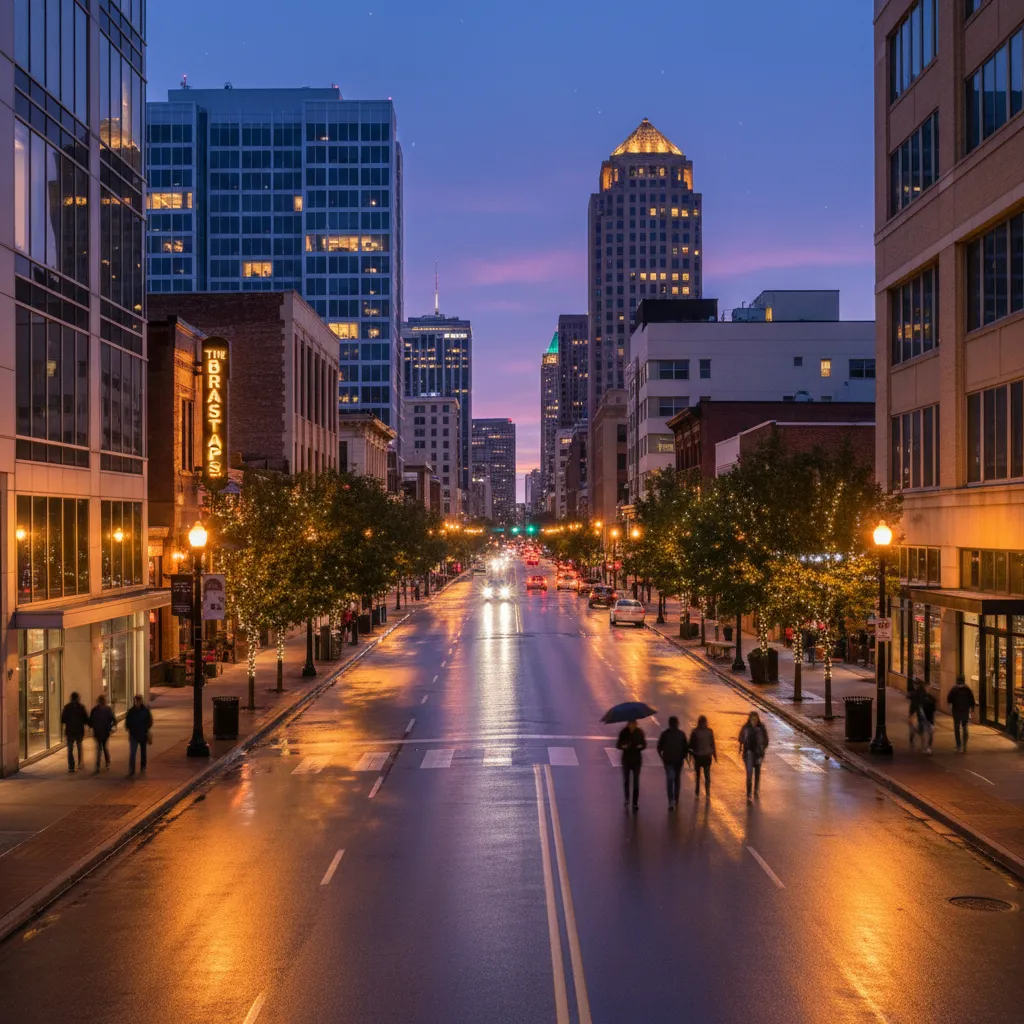 Evening city street scene in downtown Grand Rapids with restaurants and lights