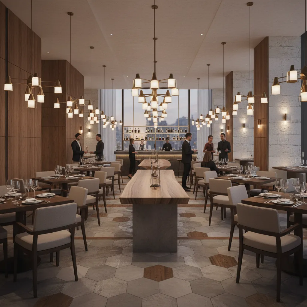 Upscale restaurant dining room with modern decor and warm evening lighting