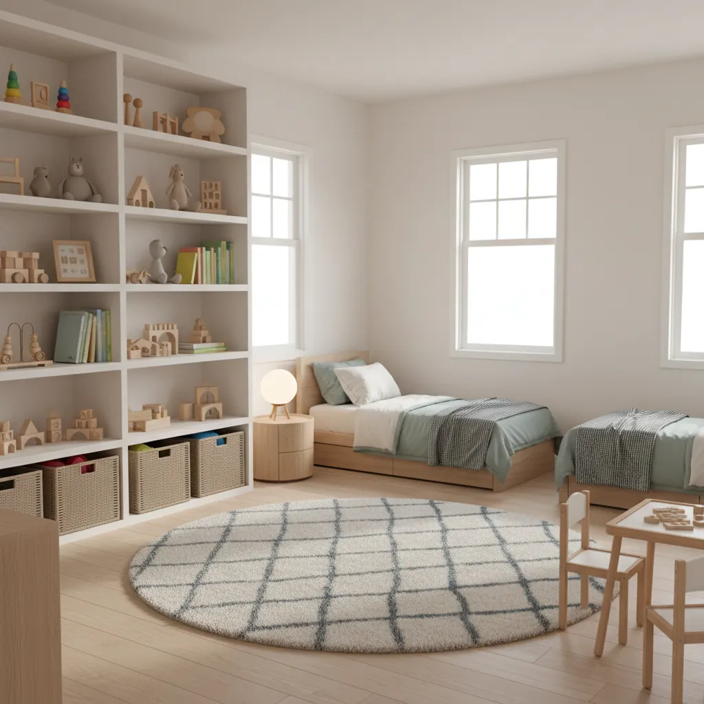Grandchildren bedroom with organized shelves toys and play space