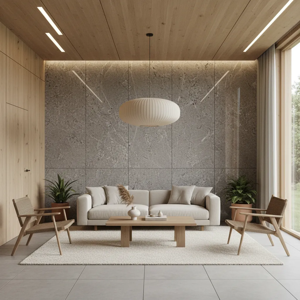 Combinación de granito y madera en diseño interior moderno