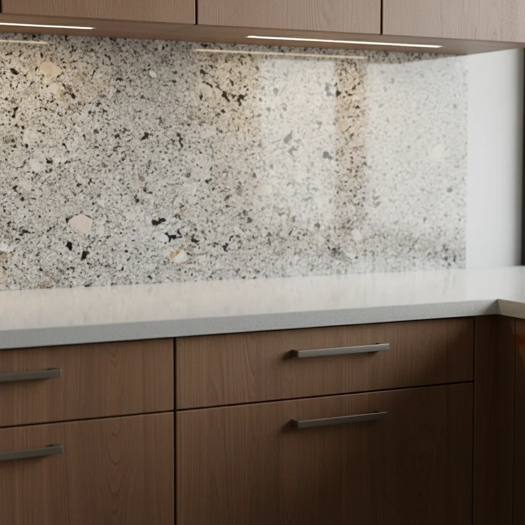 granite kitchen backsplash with countertop and cabinets