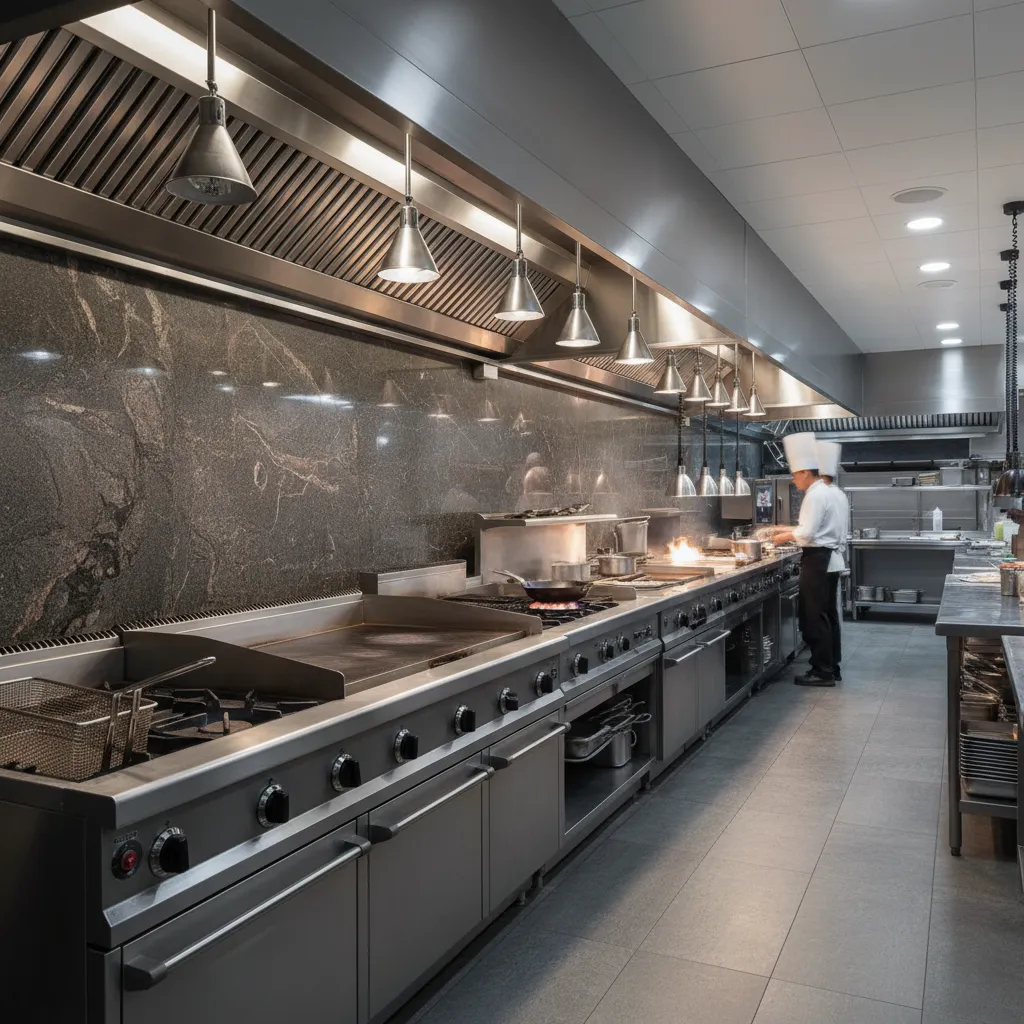 granite stone backsplash behind commercial cooking range in restaurant kitchen